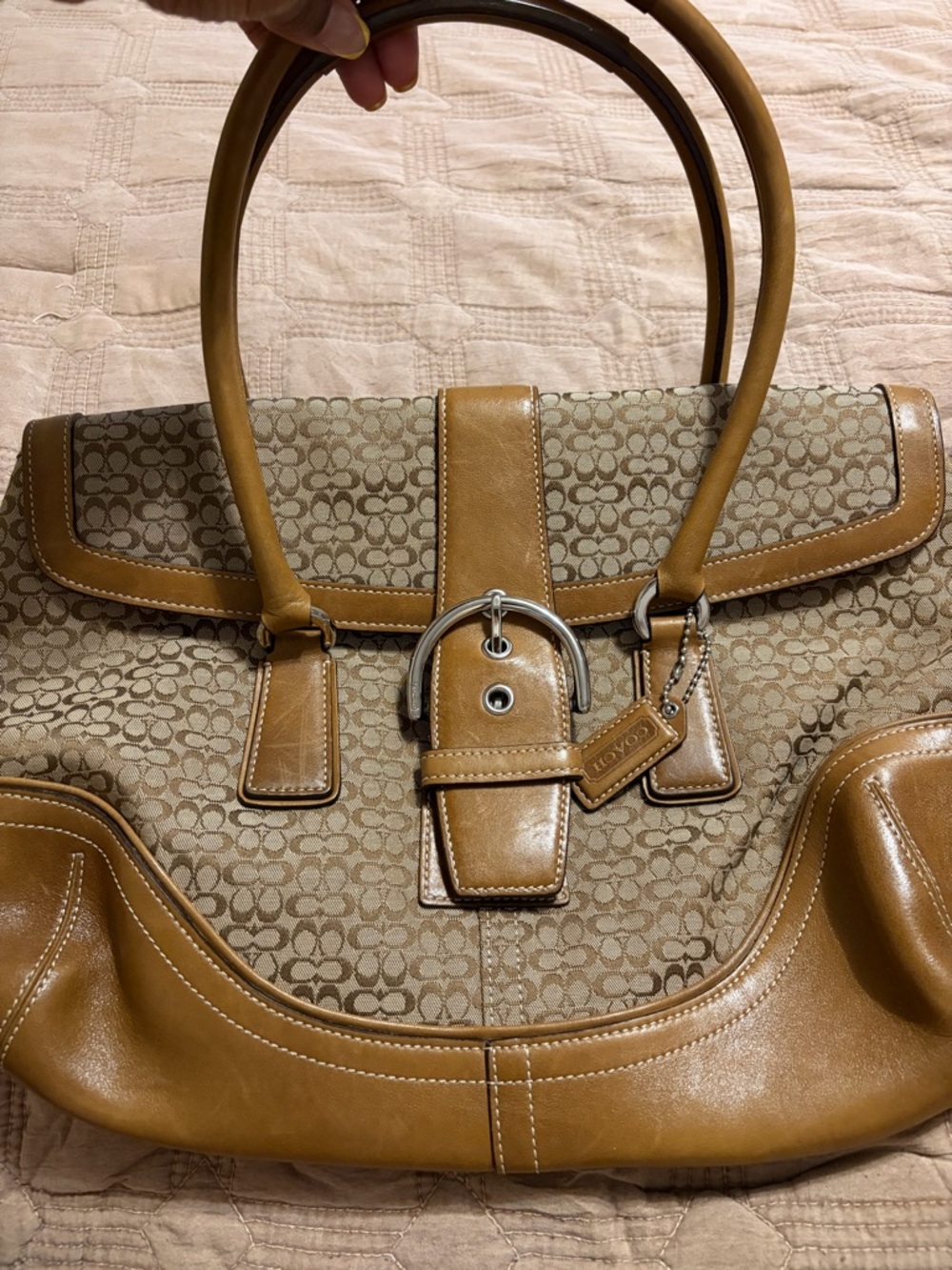 Coach Tan & Khaki Signature Canvas Tote with Leather Trim